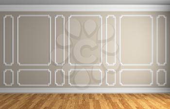 Simple classic style interior illustration - beige wall with white decorative frame on the wall in classic style empty room with wooden parquet floor with white baseboard, 3d illustration interior