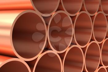 Heavy metallurgical industry production and non-ferrous industrial products creative abstract illustration: many stainless metal shiny copper pipes lying in rows closeup, industrial 3D illustration