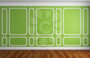 Simple classic style interior illustration - green wall with white decorative frame on the wall in classic style empty room with dark wooden parquet floor with white baseboard, 3d illustration interio