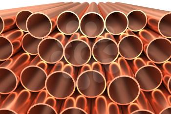 Heavy metallurgical industry production and non-ferrous industrial products creative abstract illustration: many stainless metal shiny copper pipes lying in rows isolated,  industrial 3D illustration