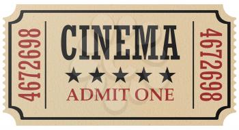 Vintage retro cinema creative concept: retro vintage cinema admit one ticket made of yellow textured paper isolated on white background, closeup view, 3d illustration