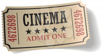Vintage retro cinema creative concept: retro vintage cinema admit one ticket made of yellow textured paper isolated on white background with shadow, closeup view 3d illustration