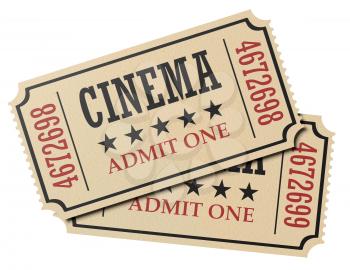 Vintage retro cinema creative concept: pair of retro vintage cinema admit one tickets made of yellow textured paper isolated on white background, closeup view, 3d illustration