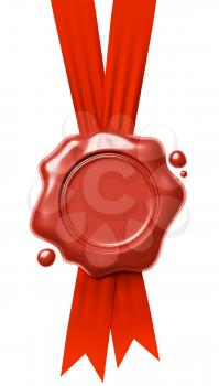 Red sealing wax seal stamp without sign hang on red ribbons with small drops isolated on white background, 3d illustration