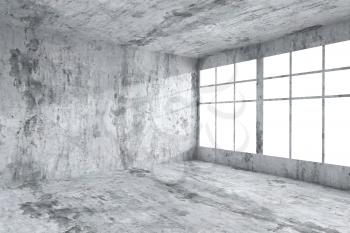Abstract architecture concrete room interior: empty room corner with spotted dirty concrete walls, concrete floor, concrete ceiling and window with light from window, 3d illustration
