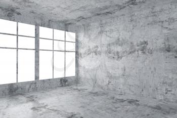 Abstract architecture concrete room interior: empty room corner with dirty spotted concrete walls, concrete floor, concrete ceiling and window with skylight from window, 3d illustration