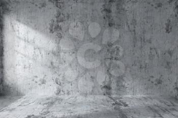 Abstract architecture concrete room interior: empty room with dirty spotted concrete walls, concrete floor, concrete ceiling with light from window, 3d illustration