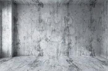 Abstract architecture concrete room interior: empty room wall with corner with dirty spotted concrete walls, concrete floor, concrete ceiling with light from window, 3d illustration
