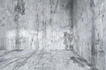 Abstract architecture concrete room interior: empty room corner with dirty spotted concrete walls, concrete floor with light from window, 3d illustration