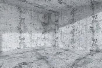 Abstract architecture concrete room interior: empty dark room corner with dirty spotted concrete walls, concrete floor, concrete ceiling with light from window, 3d illustration