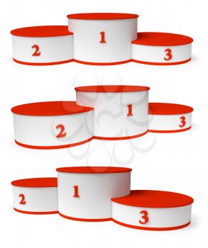 Sports winning and championship and competition success symbol - set of round sports pedestals, white winners podium with empty red first, second and third places, isolated on white, closeup view, 3d 