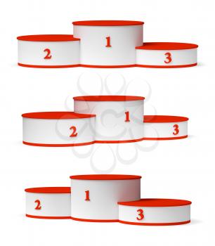 Sports winning and championship and competition success symbol - round sports pedestal, white winners podium with empty red first, second and third places isolated on white 3d illustration set.