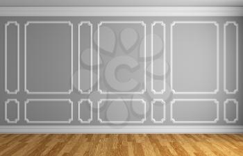 Simple classic style interior illustration - gray wall with white decorative frame on the wall in classic style empty room with wooden parquet floor with white baseboard, 3d illustration interior
