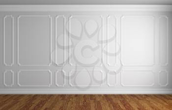 Simple classic style interior illustration - white wall with white decorative frame on the wall in classic style empty room with dark wooden parquet floor with white baseboard, 3d illustration interio