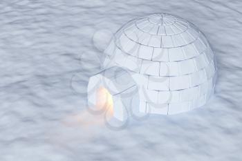 Eskimo house igloo icehouse with warm light inside made with snow at night on the surface of snow field aerial view 3d illustration