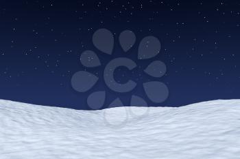 White snowy field under bright clear winter night north sky with bright stars, winter snow background 3d illustration
