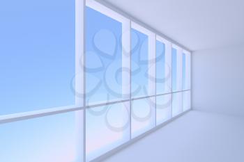 Business architecture office room interior - corner of empty blue business office room with floor, ceiling, walls and large window with morning blue sky light, 3d illustration, closeup view