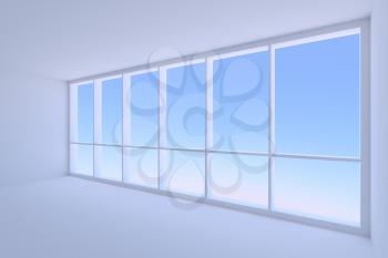 Business architecture office room interior - large window of empty blue business office room with floor, ceiling and walls with morning blue sky light, 3d illustration