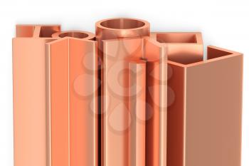 Metallurgical industry non-ferrous industrial products - group of stainless rolled copper metal products (profiles, pipes, girders, bars, balks and armature) on white industrial 3D illustration