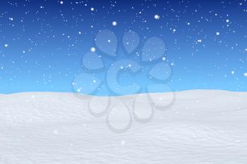 White snowy field, snowfall and bright  winter blue sky, winter snow background, wintertime greeting card, 3d illustration