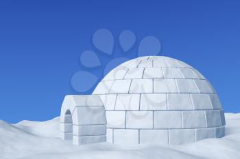 Winter north polar snowy landscape - eskimo house igloo icehouse made with white snow on the surface of snow field under cold north blue sky closeup 3d illustration