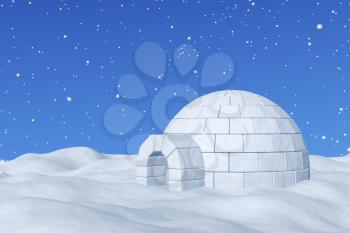 Winter north polar snowy landscape - eskimo house igloo icehouse made with white snow on the surface of snow field under cold north blue sky with snowfall 3d illustration