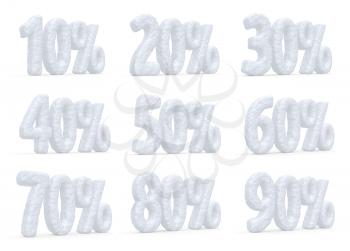 Winter retail, sale, commercial and business advertisement concept, christmas sale discount offer, snowy percents price cut off text set made of snow isolated on white, 3d illustration  collection