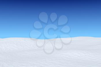 White snowy field under bright clear winter blue sky, winter snow background 3d illustration