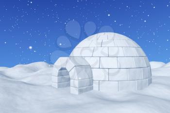 Winter north polar snowy landscape - eskimo house igloo icehouse made with white snow on the surface of snow field under cold north blue sky with snowfall closeup 3d illustration