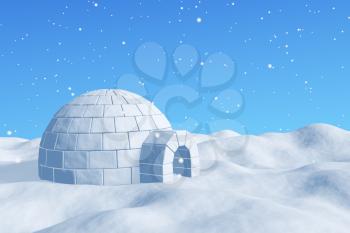 Winter north polar snowy landscape - eskimo house igloo icehouse made with white snow on the surface of snow field under cold north blue sky under snowfall 3d illustration