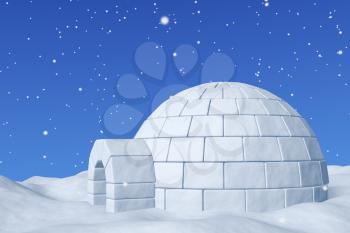 Winter north polar snowy landscape - eskimo house igloo snowhouse made with white snow on the surface of snow field under cold north blue sky with snowfall closeup 3d illustration