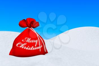 Santa Claus red bag with sign Merry Christmas on the white snow under blue sky 3d illustration