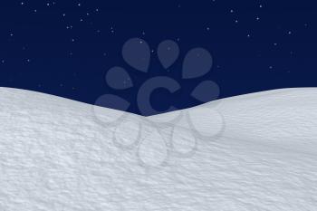 White snowy field with hills and smooth snow surface under dark blue night sky with stars, winter snow background 3d illustration