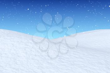 White snowy field with hills unred snowfall and bright winter blue sky, winter snow background, 3d illustration