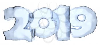 Happy New Year sign 2019 text written with numbers made of clear blue ice, winter icy symbol 3d illustration isolated on white