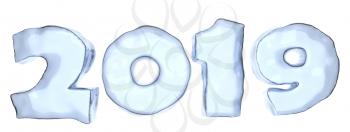 2019 Happy New Year sign text written with numbers made of clear blue ice, winter icy symbol 3d illustration isolated on white