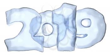 Happy New Year sign text 2019 written with numbers made of clear blue ice, winter icy symbol 3d illustration isolated on white