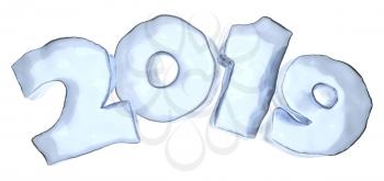 Happy New Year 2019 sign text written with numbers made of clear blue ice, winter icy symbol 3d illustration isolated on white