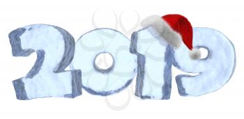 New Year 2019 sign text written with numbers made of clear blue ice with Santa Claus fluffy red hat, winter icy symbol 3d illustration isolated on white