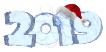 Happy New Year sign text 2019 written with numbers made of clear blue ice with Santa Claus fluffy red hat, winter icy symbol 3d illustration isolated on white