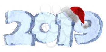 2019 Happy New Year sign text written with numbers made of clear blue ice with Santa Claus fluffy red hat, winter icy symbol 3d illustration isolated on white