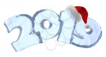 Happy New Year sign 2019 text written with numbers made of clear blue ice with Santa Claus fluffy red hat, winter icy symbol 3d illustration isolated on white