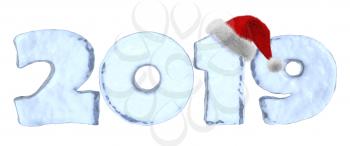 Happy New Year 2019 sign text written with numbers made of clear blue ice with Santa Claus fluffy red hat, winter icy symbol 3d illustration isolated on white