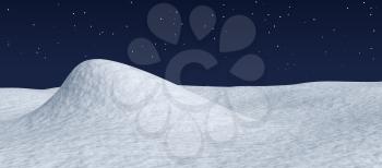White snow hill and smooth snow surface under dark blue night sky with stars, winter snow background 3d illustration