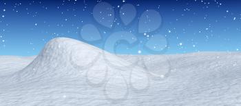 White snowy hill unred snowfall and bright winter blue sky, winter snow background, 3d illustration