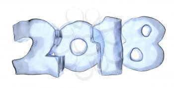 2018 Happy New Year sign text written with numbers made of ice, Happy New Year 2018 winter icy symbol 3d illustration isolated on white