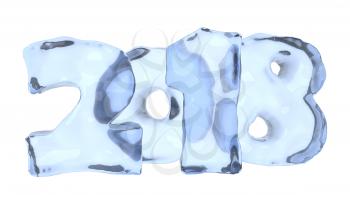 2018 New Year icy sign written with numbers made of clear blue ice, Happy New Year 2018 winter icy symbol 3d illustration isolated on white