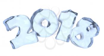 New Year 2018 icy text written with numbers made of clear blue ice, Happy New Year 2018 winter icy symbol 3d illustration isolated on white