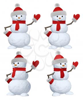 Collection of cheerful snowman with red fluffy hat, scarf and mittens pointing to something 3d illustration set