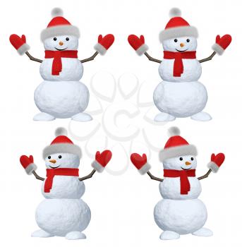 Collection of cheerful snowman with red fluffy hat, scarf and mittens 3d illustration set